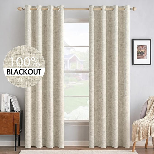 MIULEE 100% Blackout Linen Textured Curtains for Bedroom Solid Thermal Insulated Cream Grommet Room Darkening Curtains & Drapes Luxury Decor for Living Room Nursery 52 x 72 Inch (2 Panels)
