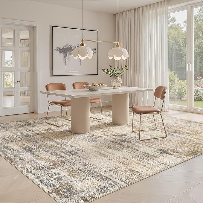 Area Rug for Living Room: 12x15 Washable Neutral Abstract Modern Soft Rugs Non Slip Indoor Floor Stain Resistant Large Carpet for Bedroom Dining Room Office Nursery - Golden Brown