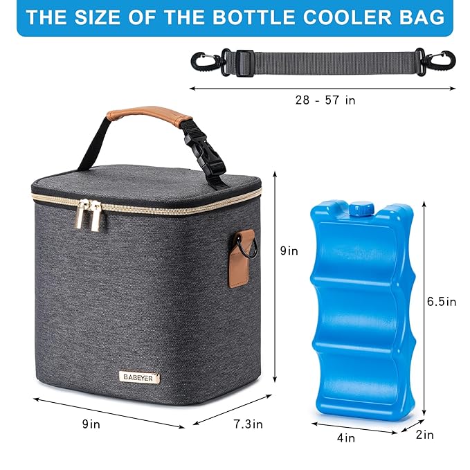 Breastmilk Cooler Bag with Ice Pack Fits 6 Baby Bottles Up to 9 Ounce, Baby Bottle Bag with Shoulder Strap for Nursing Mom Daycare,Dark Grey