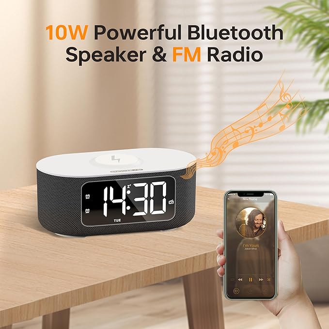 JALL Fabric Alarm Clock for Bedroom, with Big Led Screen Display, Bluetooth Stereo Sound Speaker, FM Radio, Fast Wireless Charging, USB Charging Port, Nightlight, White Noise, Ideal for Gift, Black