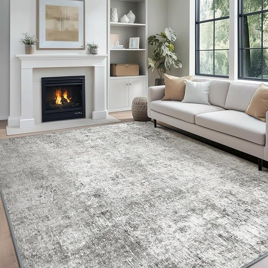 Washable Area Rugs 8'x10' Non-Slip Modern Abstract Soft for Living Room Entryway Bedroom Nursery, Print Pattern, Gray White Grey