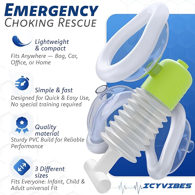Premium Choking Rescue Device for Kids and Adults – Portable Suction Tool Airway Clear Travel & Home Safety Kit for Emergency Use Includes 3 Sizes for Baby Essential First Aid Anti