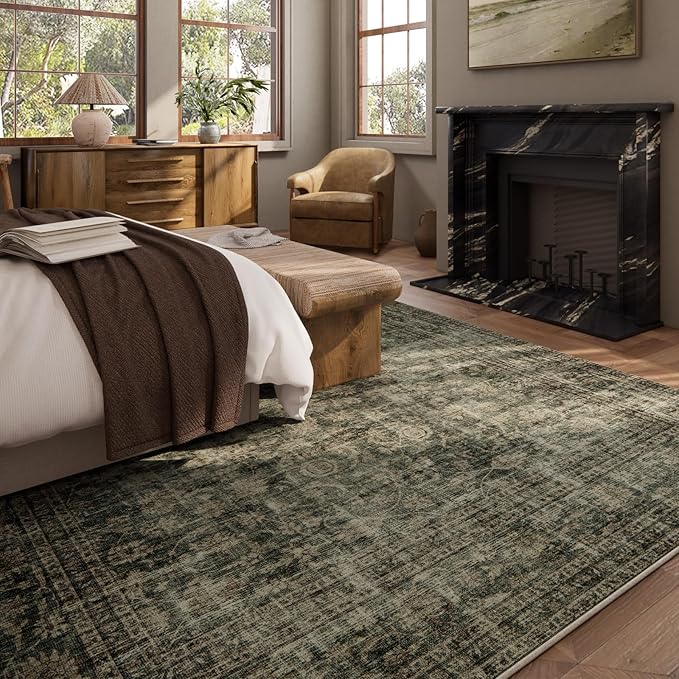 Washable Living Room Area Rug: 10x14 Rugs for Bedroom Vintage Stain Resistant Non Slip Low Pile Large Boho Carpet for Kitchen Dining Room Farmhouse Kids Room Nursery