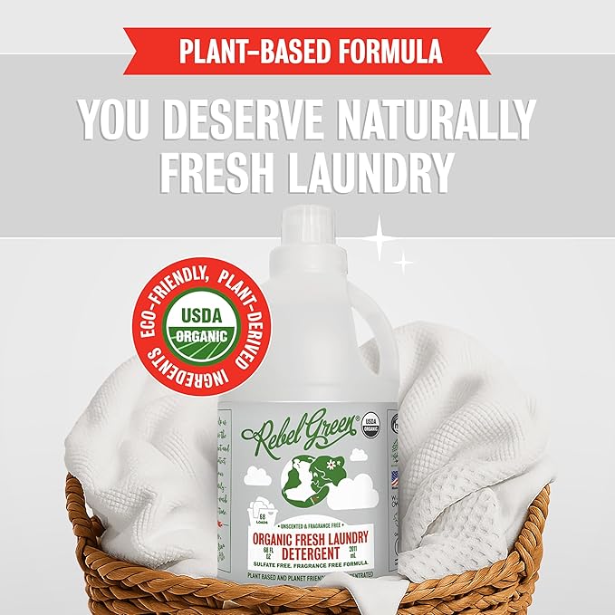 Rebel Green Organic Laundry Detergent - Natural Laundry Soap - Liquid Laundry Detergent with Dispenser Cup - Gentle Laundry Detergent - Fresh Unscented Soap - (68 Load Bottles, 2 Pack)
