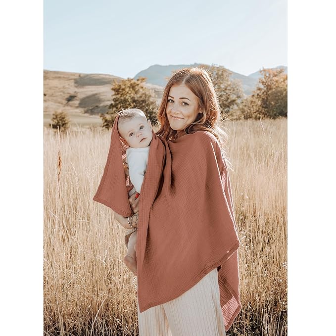 Konssy Muslin Nursing Cover for Breastfeeding, 360° Full Privacy Breathable 100% Cotton Breastfeeding Cover, Multi-use Carseat Canopy(Chestnut)