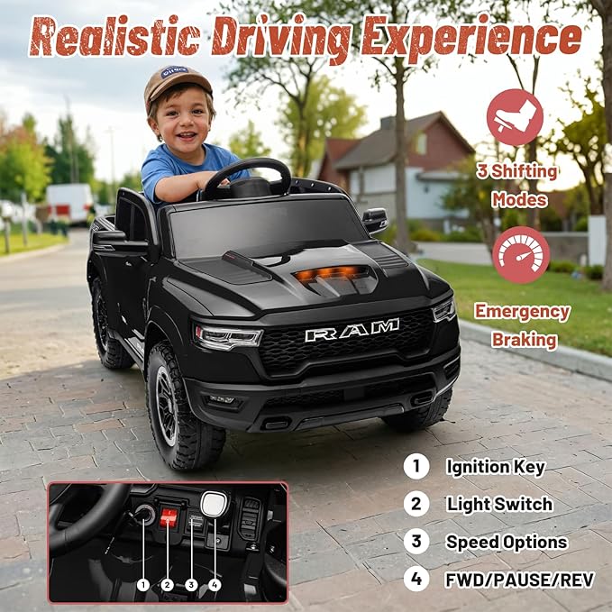 Licensed Ram 1500 Ride on Toys for Kids 4-8, Ride-on Electric Car for Kids with Remote Control, Battery Powered with Car Key/Gear Selector, LED Light/Music/MP3, Back Storage (Black)