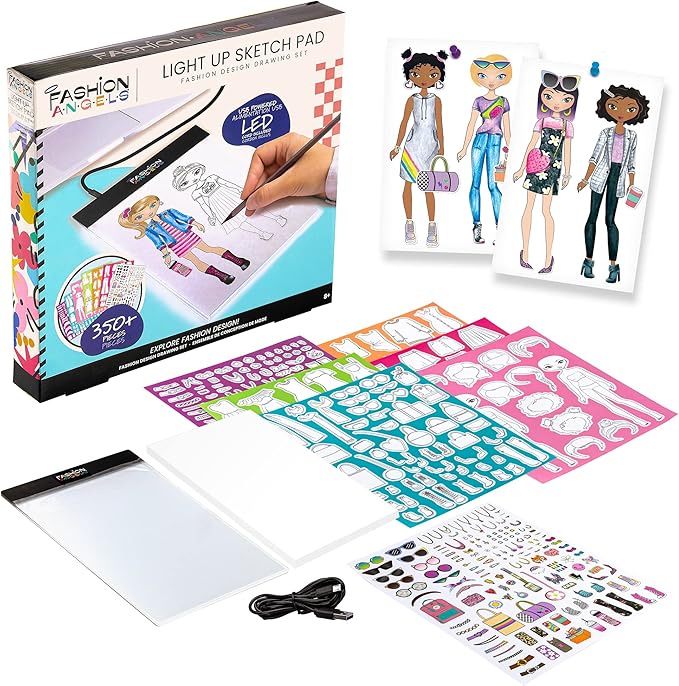 Fashion Angels Fashion Design Light Up Sketch Pad 12521, Light Up Tracing Pad, Includes USB, Ultra Thin Tablet, Includes Stencils and Stickers, Recommended for Ages 8 And Up
