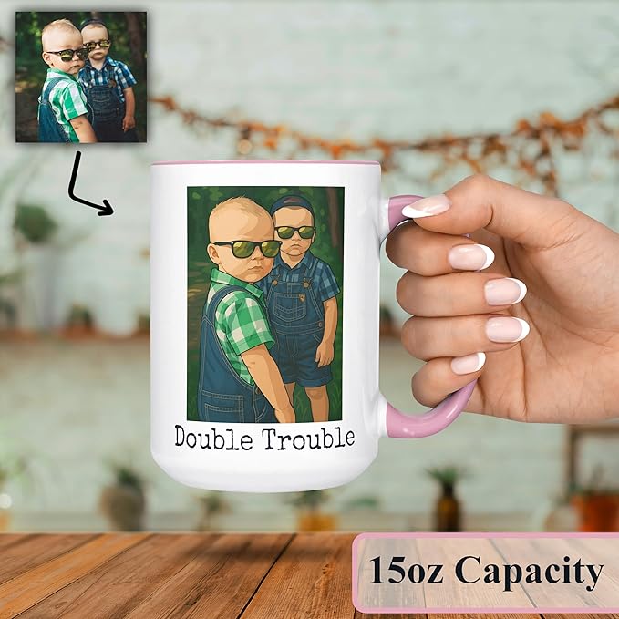Personalized Coffee Mug, Custom Drawing Portrait Gift, Funny Customized Coffee Gift for Men & Women, Custom Mugs with Pictures, Pink 15oz Customized Ceramic Tea Cup