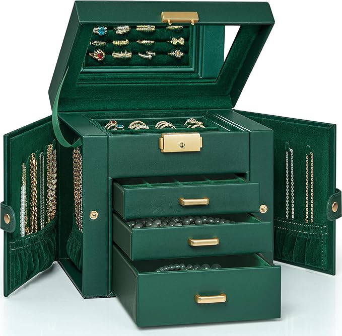 AKOZLIN 4-Tier Jewelry Box Leather Jewelry Storage Organizer with 3 Drawers Lockable for Women Girls Ring Necklace Earring Bracelet Holder with Mirror Forest Green