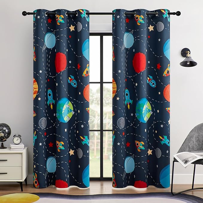 Kids Space Themed Blackout Curtains - 100% Blackout, Perfect for Bedroom and Nursery with Vibrant Cosmos Patterns, Noise Reduction, Thermal Insulated, 2 Panels (Space, W42×L96)