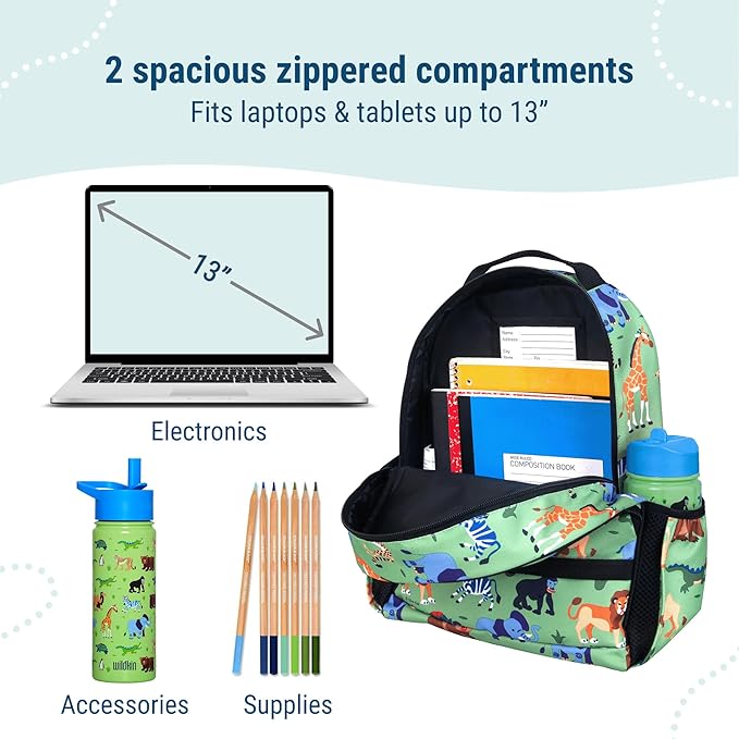 Wildkin ECO rPET 15-inch Kids Backpack – Sustainable, Padded, Adjustable – Wild Animals