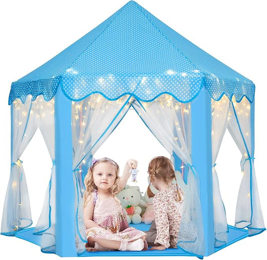 Monobeach Princess Tent Girls Large Playhouse Kids Castle Play Tent with Star Lights Toy for Children Indoor and Outdoor Games, 55'' x 53'' (DxH) (Blue Prinecss Tent with Little Star Lights)