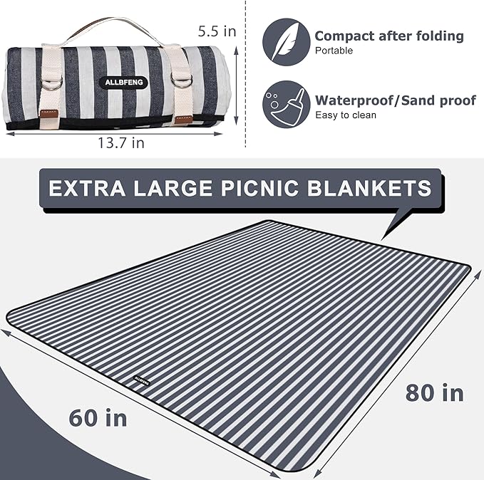 Picnic Blankets 80" x 60" Extra Large Outdoor Blanket Sand Free Foldable with Carry Strap for Beach, Camping, Park Grass, Hiking, Travel, Concerts, Indoors