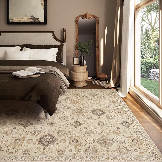 Machine Washable Rug for Living Room: 8x10 Area Rugs Boho Vintage Rug Stain Resistant Non Slip Low Pile Soft Lightweight Carpets for Bedroom Kitchen Dining Room Nursery Kids Room Farmhouse