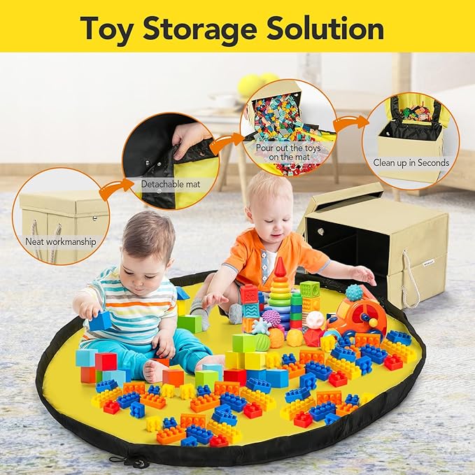 Kids Toy Box Chest Storage with Lid and Big Play Mat for Boys and Girls,Collapsible Fabric Toy Building Bricks Storage Container Organizer Bin with Rug for Playroom and Nursery Organization