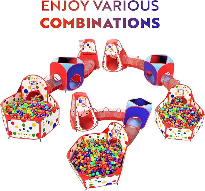 Playz 5-Piece Kids Play Tents Crawl Tunnels and Ball Pit Popup Bounce Playhouse Tent with Basketball Hoop for Indoor and Outdoor Use with Red Carrying Case