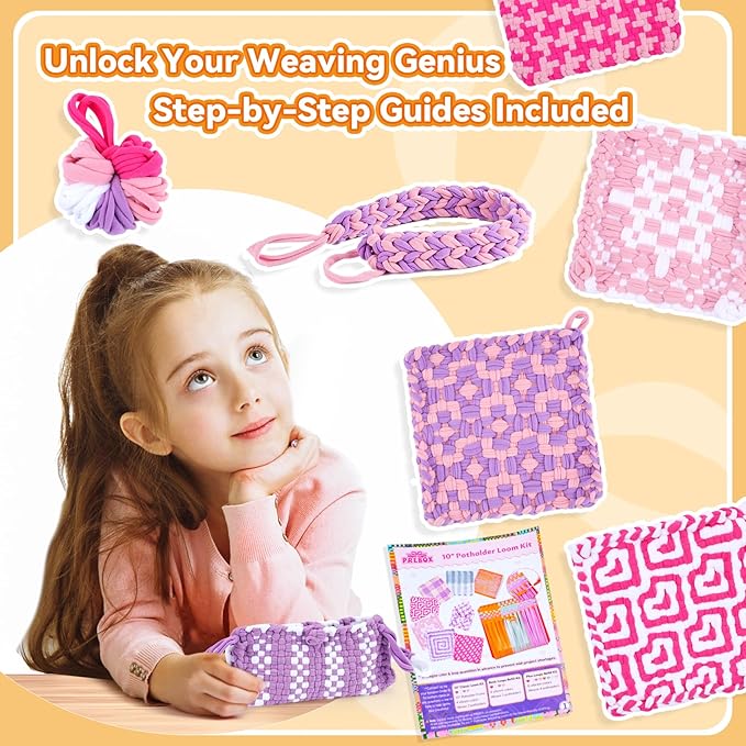PREBOX 10’’ Potholder Weaving Loom Kit Refill Loops, DIY Crafts Supplies for Kids & Beginners, 112 Colorful Loops to Make 2 Large Pot Holders