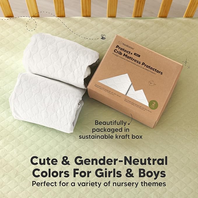 Waterproof Crib Mattress Protector Cover Fitted - 2-Pack Quiet Baby Crib Mattress Pad Sheets, 52" x 28" Soft Quilted Cotton Baby Sheet, Machine Washable, Easy Fit, Durable(Soft White/Mavy)