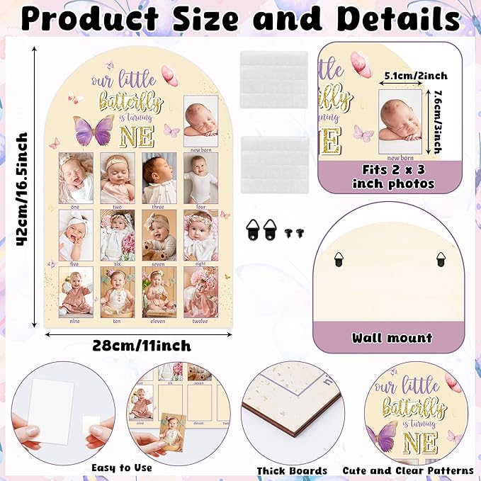 R HORSE My First Year Photo Display Wood Board - 3D Pink Purple Butterfly Baby's First Year Picture Frame, 12 Months Milestone Board Neutral Baby Keepsake Gift 1st Birthday Nursery Decor for Girl
