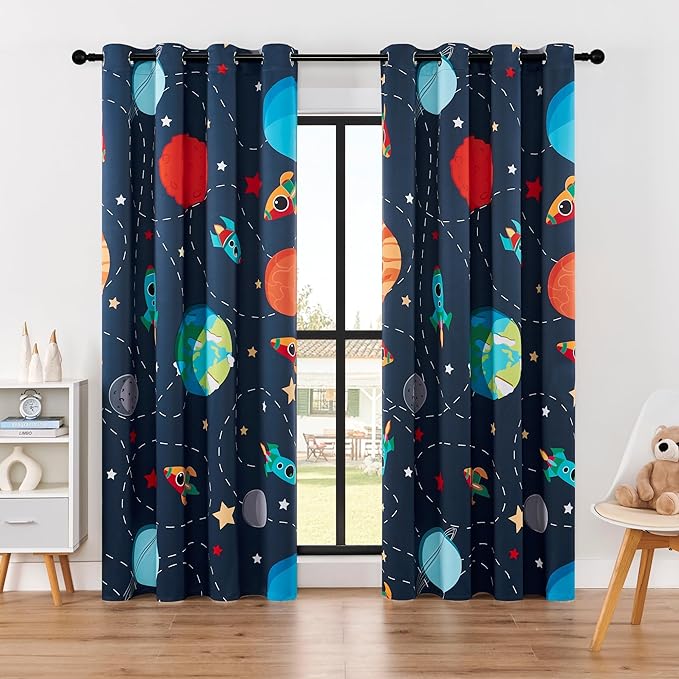 Kids Space Themed Blackout Curtains - 100% Blackout Perfect for Kids Room, Spark Kids Imagination with Vibrant Cosmos Designs, Noise Reduction, Thermal Insulated, (2 Panels W52×L84)