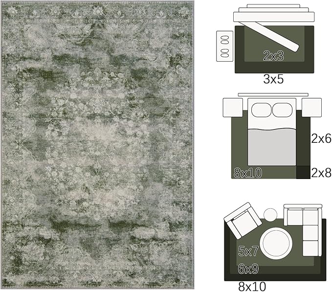 jinchan Washable Area Rug 6x9 for Living Room - Soft Faux Wool Ultra-Thin Stain Resistant Non-Slip Distressed Vintage Floral Rug Large Carpet for Bedroom,Dining Room,Home Office,Nursery(Green, 6'x9')