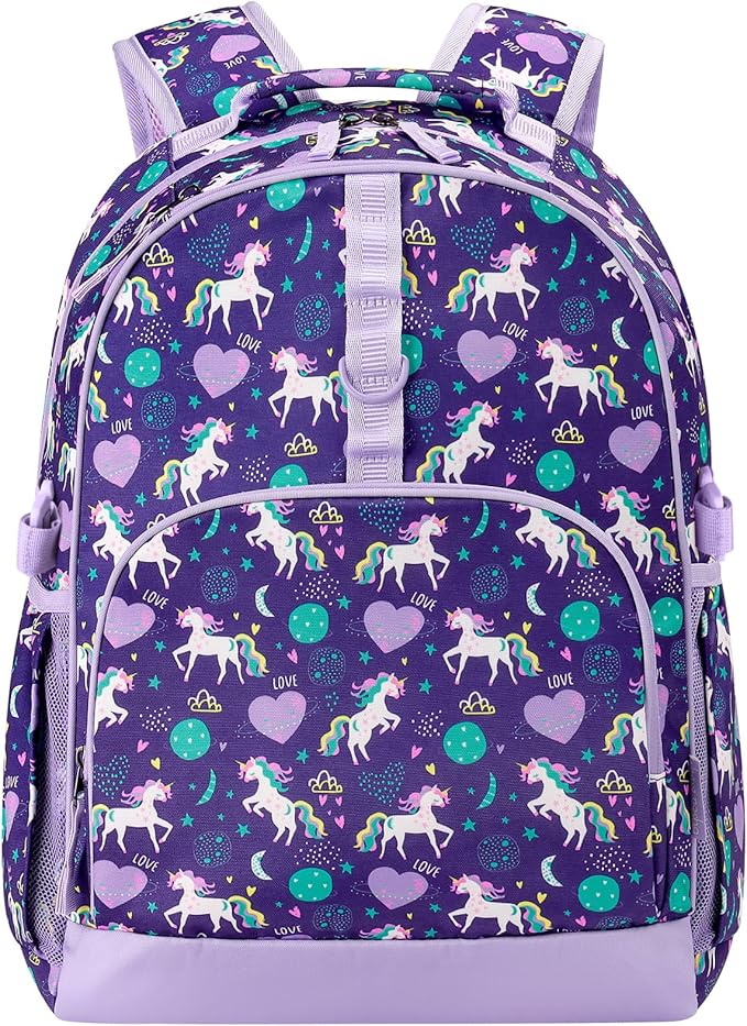 Choco Mocha Unicorn Backpack for Girls, Elementary School Backpack for Girls Ages 6-8 Kids Kindergarten Backpack Bookbag 17 Inch with Chest Strap, Planet Purple