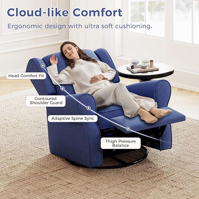 Swivel Rocker Recliner Chair, Nursery Glider Chair, Nursery Rocking Chairs, Manual Reclining Chair, Blue