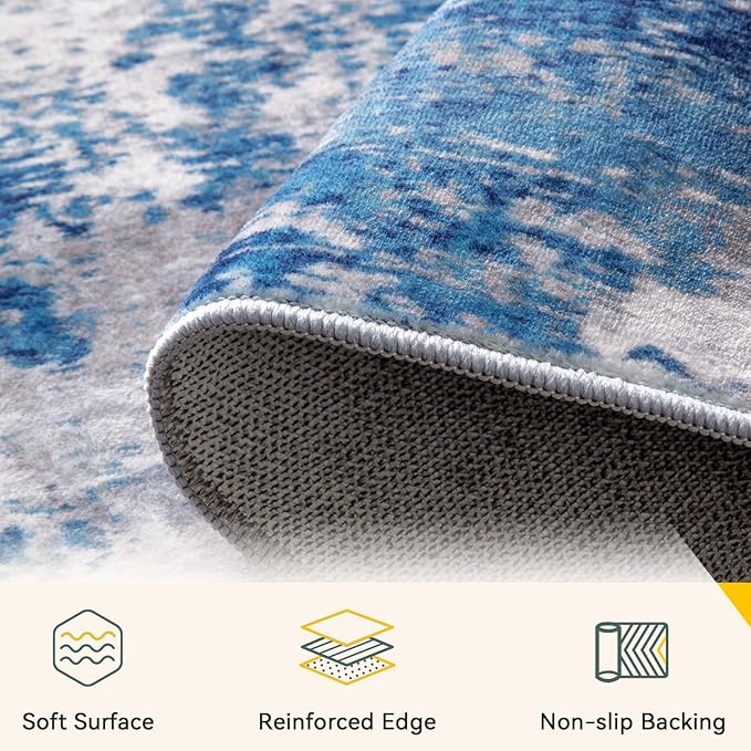 Washable Area Rugs 5'x8' Non-Slip Modern Abstract Soft for Living Room Entryway Bedroom Nursery, Print Pattern, Blue Grey Navy Gray