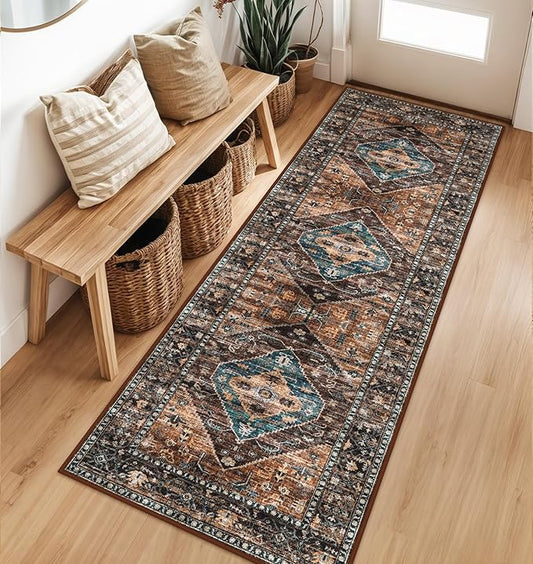 Lahome Hallway Runner Rug - 2x6 Washable Non-Slip Carpet Runner, Throw Untra-Thin Stain Resistant Kitchen Carpet, Vintage Medallion Print Non-Shedding Mat for Bedroom Entryway Bathroom
