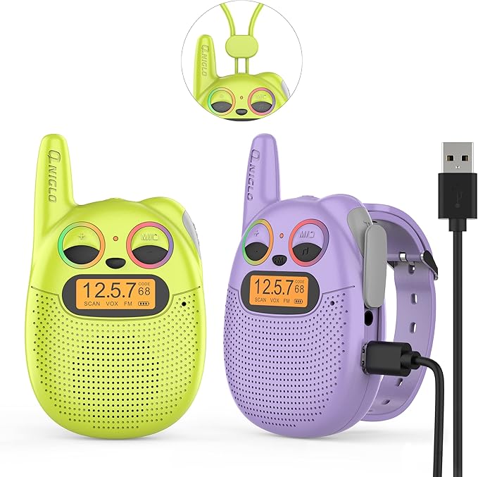 Qniglo Walkie Talkies for Kids - 2 Pack Rechargeable, Christmas & Birthday Gifts for Boys & Girls Age 3-12, Long Range Kids Walkie Talkies with FM Radios for Family Adventure Camping & Spy Games