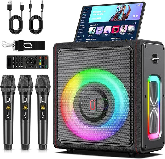 Karaoke Machine with 3 Wireless Mics | Bluetooth 5.3 Speaker with Echo Adjustment & Auto Pitch Correction | PA System with RGB Lights, Supports TV/TF Card/USB/AUX/Live/REC for Home Parties