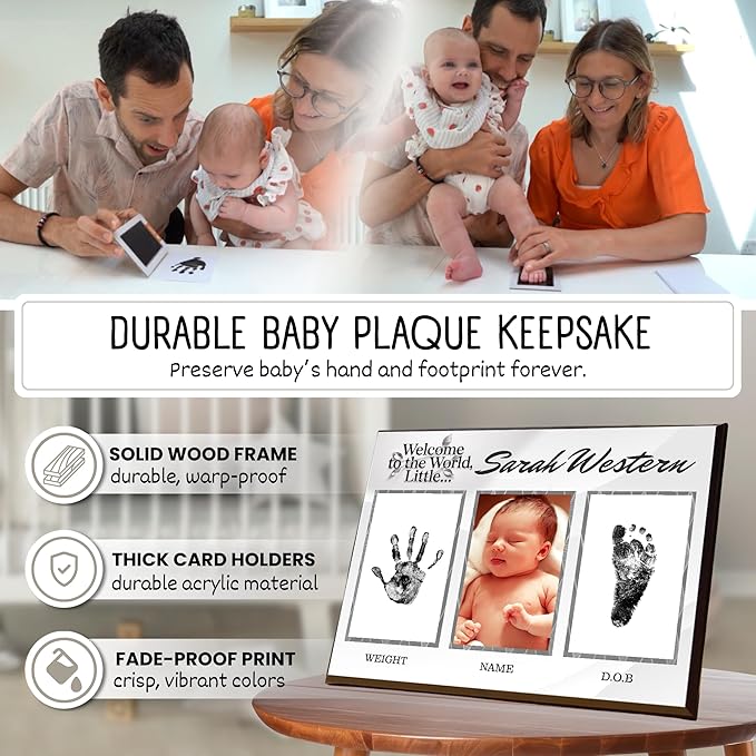 Baby Hand and Footprint Kit with Photo & Birth Details, Inkless Hand and Footprint Kit, Newborn Keepsake Plaque, Baby Shower Gifts (STYLE 1 (Fully Personalized) (Welcome To The World) (Neutral))