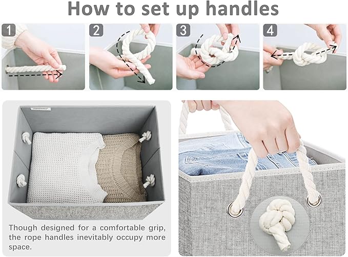 StorageWorks Storage Bins with Lids, Decorative Storage Boxes with Lid and Soft Rope Handles, Foldable Storage Baskets for Closet, Shelves, Stackable, Gray, Jumbo, 3-Pack