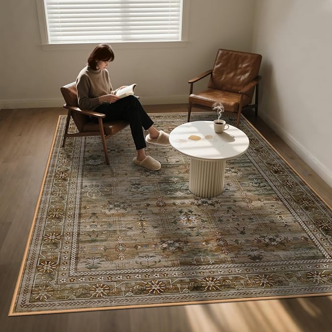 8x10 Washable Area Rug for Living Room, Non Slip Vintage Floral Print Rugs No Shedding, Distressed Thin Retro Accent Carpet for Bedroom Nursery Farmhouse Dining Room Olive/Charcoal