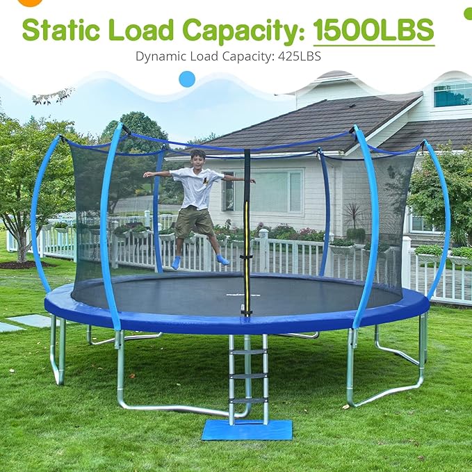 Zupapa 1500LBS Weight Capacity No-Gap Design 16 15 14 12 10FT Trampoline for Kids with Safety Enclosure Net Outdoor Backyards Trampolines with Non-Slip Ladder for Children Adults Family