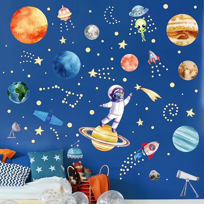 Watercolor Solar System Wall Decals, Glow in The Dark Stars, Kids Planets Sticker for Ceiling, Astronaut Wall Stickers for Bedroom（Blue）