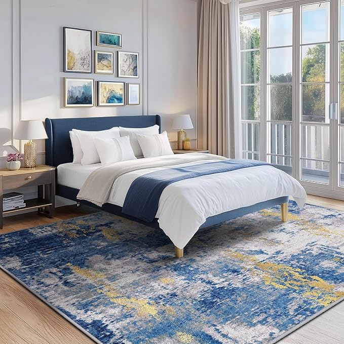Washable Area Rugs 6'x9' Non-Slip Modern Abstract Soft for Living Room Entryway Bedroom Nursery, Print Pattern, Grey Blue Gold/Golden