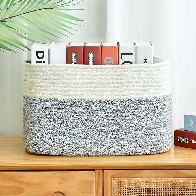 Woven Storage Baskets - Cotton Rope Organizers for Books, Towels, Toys or Bins - 3 Pack, Grey