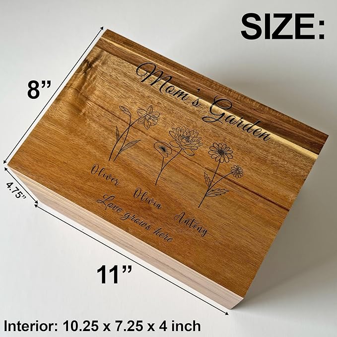 Mom's Garden Mother's Day Gift - Custom Gift for Mom, Personalized Grandma's Garden Gifts Birth Flowers, Wooden Storage Box with Hinged Lid, Mom Day, Unique Christmas Gifts for Woman, 11x8x4.75 in