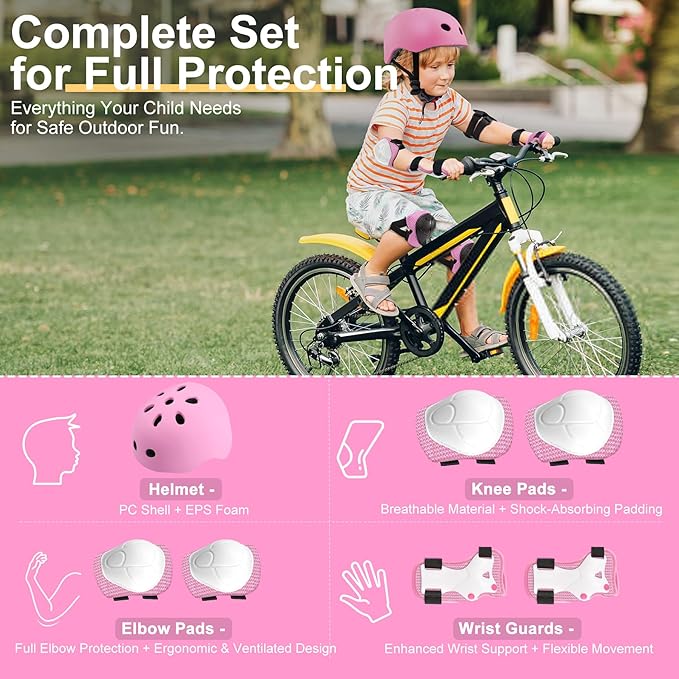 Vvinca Kids Toddlers Bike Helmet Adjustable for Ages 3-5-8 Years, Knee Pads and Elbow Pads Set Wrist Guard Sports Protective Gear Set for Roller Skate Bicycle Skateboard Scooter Girl Boy Birthday Gift