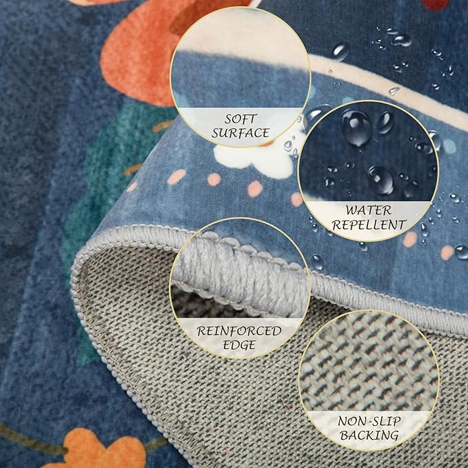 Floral 5x7 Area Rug Machine Washable Soft Print Boho Carpet Non Slip Doormat Low Pile Flower Area Rugs for Living Room Bedroom Nursery Kitchen Dining Room Indoor-Blue/Grey