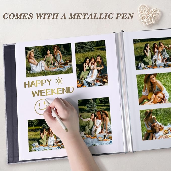 Photo Album Self Adhesive Pages for 4x6 5x7 8x10 Pictures Scrapbook Magnetic Photo Albums with Sticky Pages Books with A Metallic Pen for Baby Wedding Family 11x10.6 Black 40 Pages