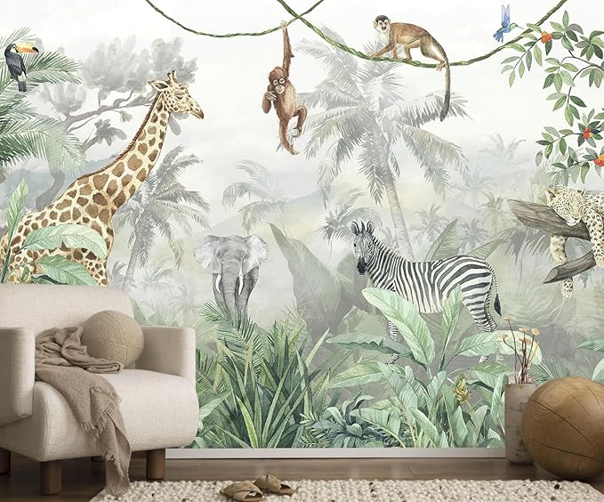 Nursery Safari Wallpaper Kids Tropical Jungle Banana Leaf Wall Mural Animals Wall Decor for Boys Room Girls Room Bedroom Living Room(Not Self-Adhesive)