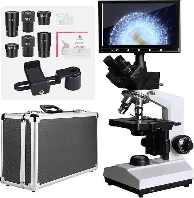 [Darkfield Microorganism Model] Vabiooth Lab Darkfield & Brightfield Trinocular Compound Microscope 40X-2500X Magnification with 7" Monitor 5MP E-Eyepiece, Adjustable Mechanical Stage, LED Source