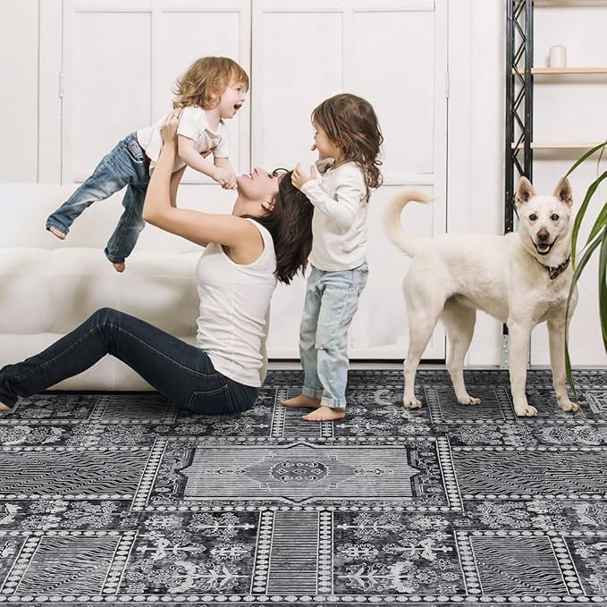 Washable Rugs 5x7 Area Rugs for Living Room, Thin Carpet for Bedroom, Soft Faux Wool Retro Dining Room Rug，Non Slip&Non-Shedding Resistant Low Pile Vintage Print Rug for Home Office (Grey)