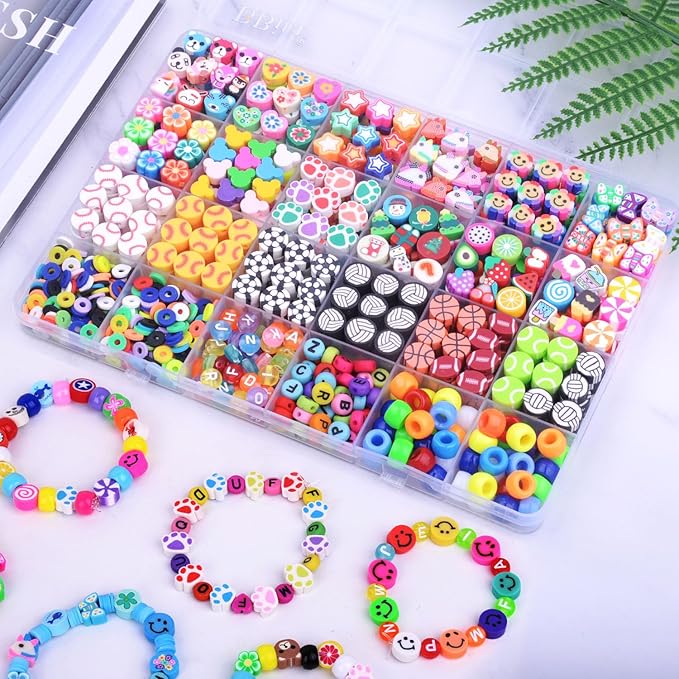 1000PCS Polymer Clay Beads Bracelet Making kit, 24 Style Cute Fun Sports Ball Beads Baseball Basketball Soccer Rugby Volleyball Football Charms, DIY Bracelet Making kit