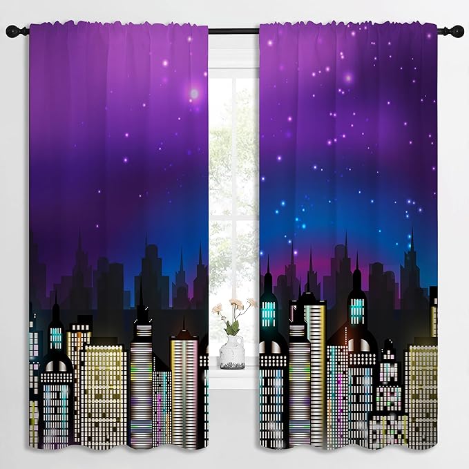 Superhero Rod Pocket Blackout Curtains for Boy Girl Bedroom, Super City Skyline Buildings Night Panorama Home Energy Efficient Light Filtering Window Curtain for Living Room, 84x63 inch