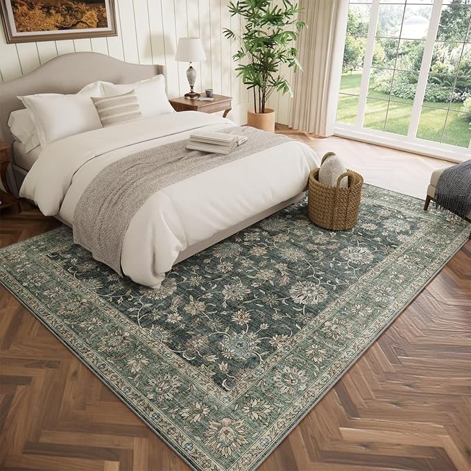 Washable 5x7 Area Rugs for Living Room, Boho Non-Slip Silicone Backing Rugs for Bedroom Dining Room Nursery Office, 0.3" Neutral Oriental Throw Carpet with 0.16" Cushioning Pad, Sage Green/Multi