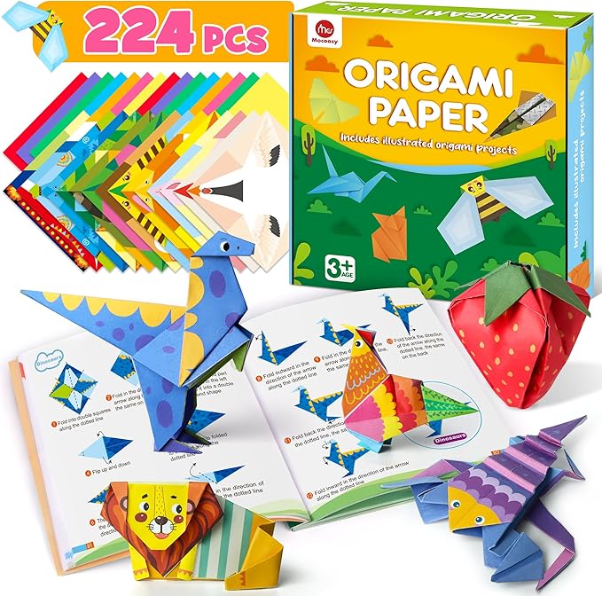 Mocoosy 224 Sheets Origami Paper Kit for Kids Ages 5-8 8-12, Color Folding Paper Set with Origami Book, Art Craft Supplies for Boys Girls 9-12, Travel Game Airplane Car Road Trip Activities Toy Gifts