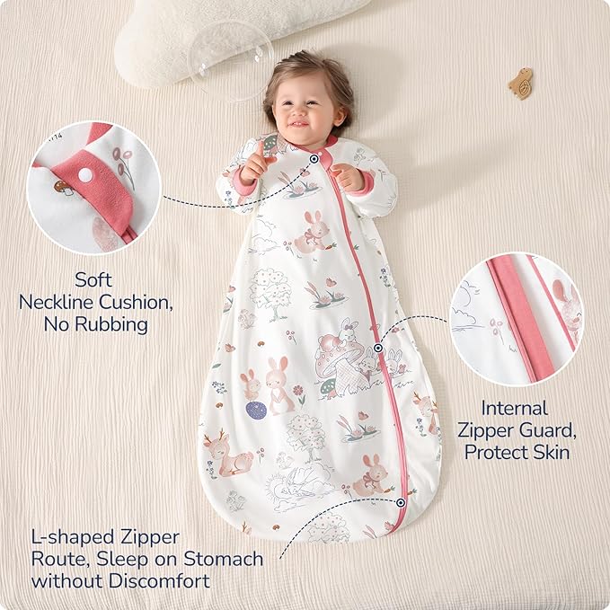 Baby Sleep Sack 12-18 Months, Cotton Detachable Long Sleeve Sleep Sack, 2.5 Tog Toddler Sleeping Sack with Temperature Strips, 2-Way Zipper Wearable Blankets for Newborns, Bunny